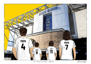 Personalised Leeds United digital artwork with PAPA, HUGO, LILY, MAMA, leeds united elland road at Elland Road.