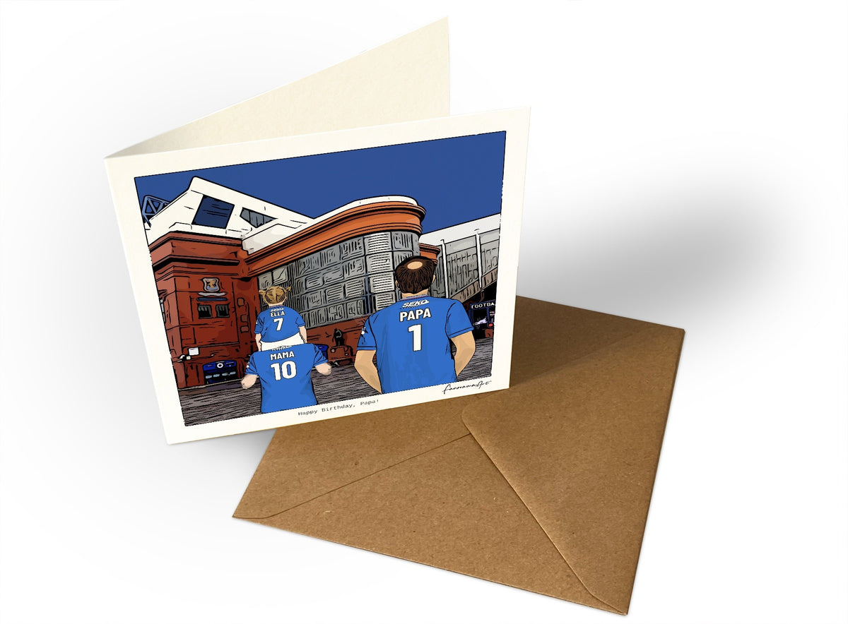 Personalised Rangers greeting card with MAMA, PAPA, Square Greeting Card at Ibrox Stadium.