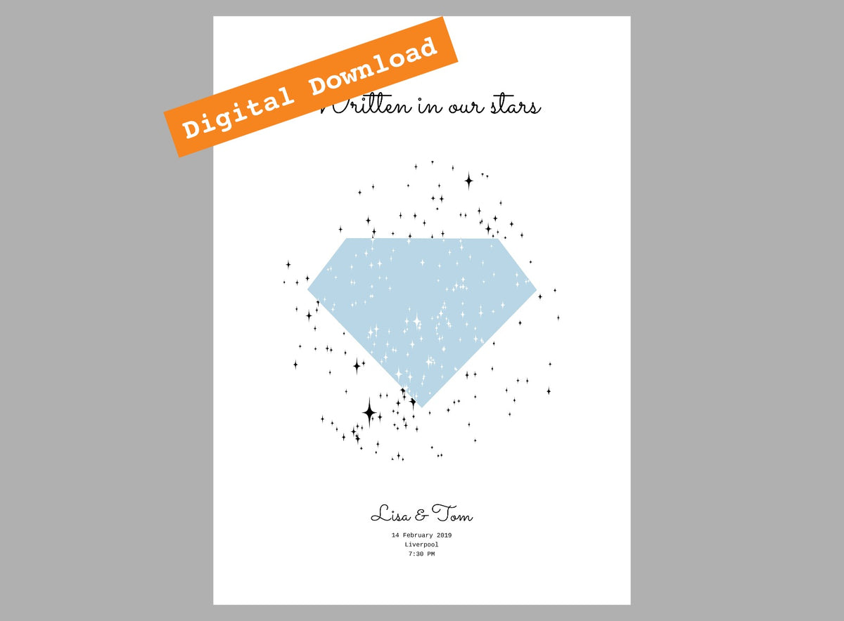 Engagement Star Print shown as portrait digital print, personalised with names and meaningful dates.