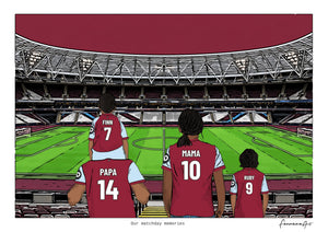 Personalised West Ham United digital artwork with PAPA, MAMA, RUBY, pitch side at London Stadium.