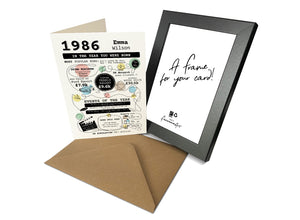 Personalised 40th birthday card portrait and frame for someone born in 1986, showing In the Year You Were Born artwork with a name and memories of 1986.