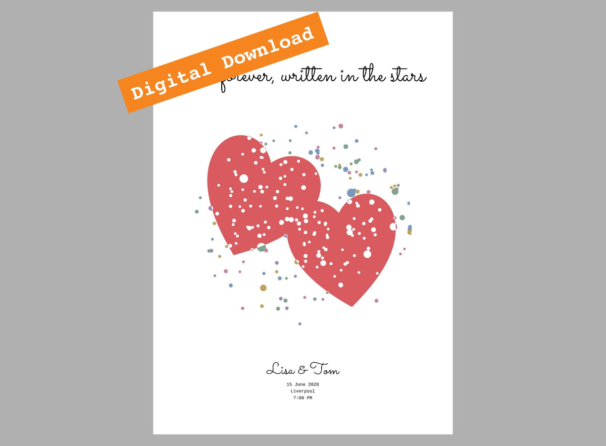 Wedding Star Print shown as portrait digital print, personalised with names and meaningful dates.