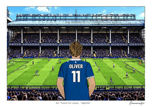 Personalised Everton digital artwork with OLIVER, in game at Goodison Park.