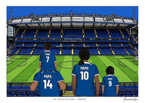 Personalised Chelsea digital artwork with PAPA, MAMA, RUBY, pitch side at Stamford Bridge.
