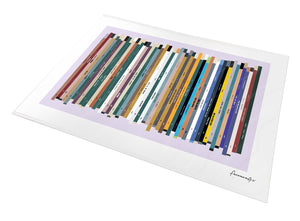 Personalised 50th birthday number one music print, born in 1976, shown as print with 50 colourful song spines and a birthday message.