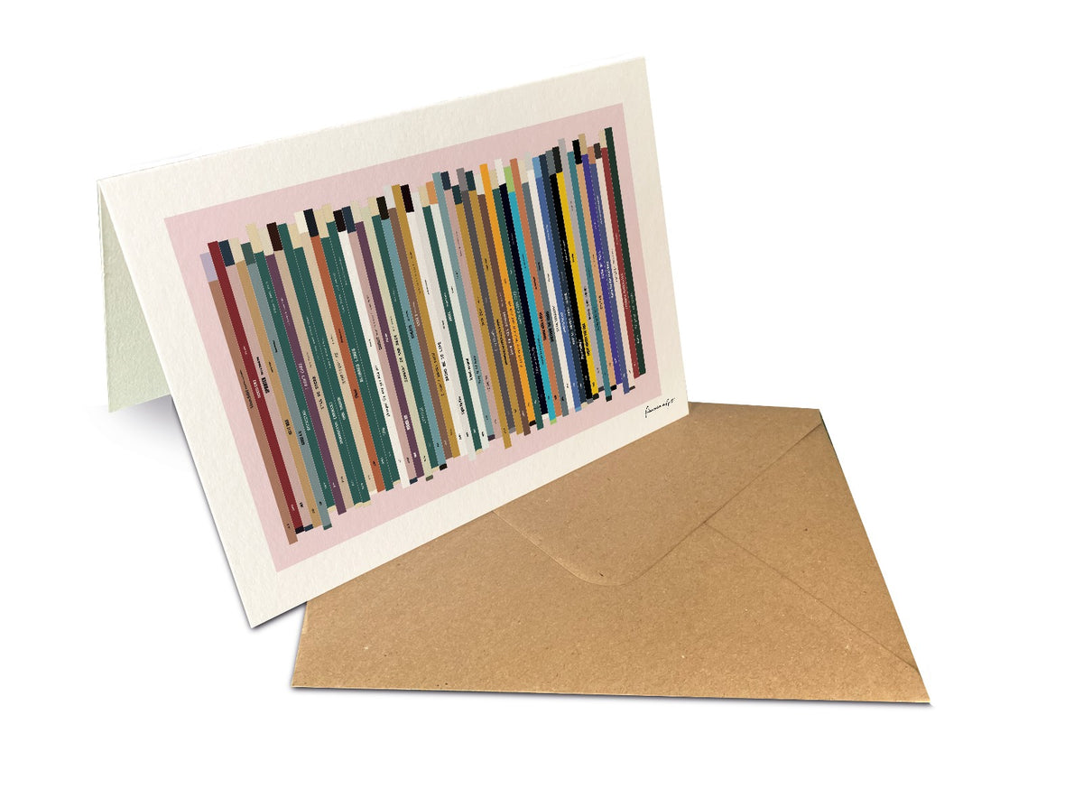 Personalised birthday number one music 7x5" greeting card, showing 50 years of song titles on colourful record spines with a personal message.