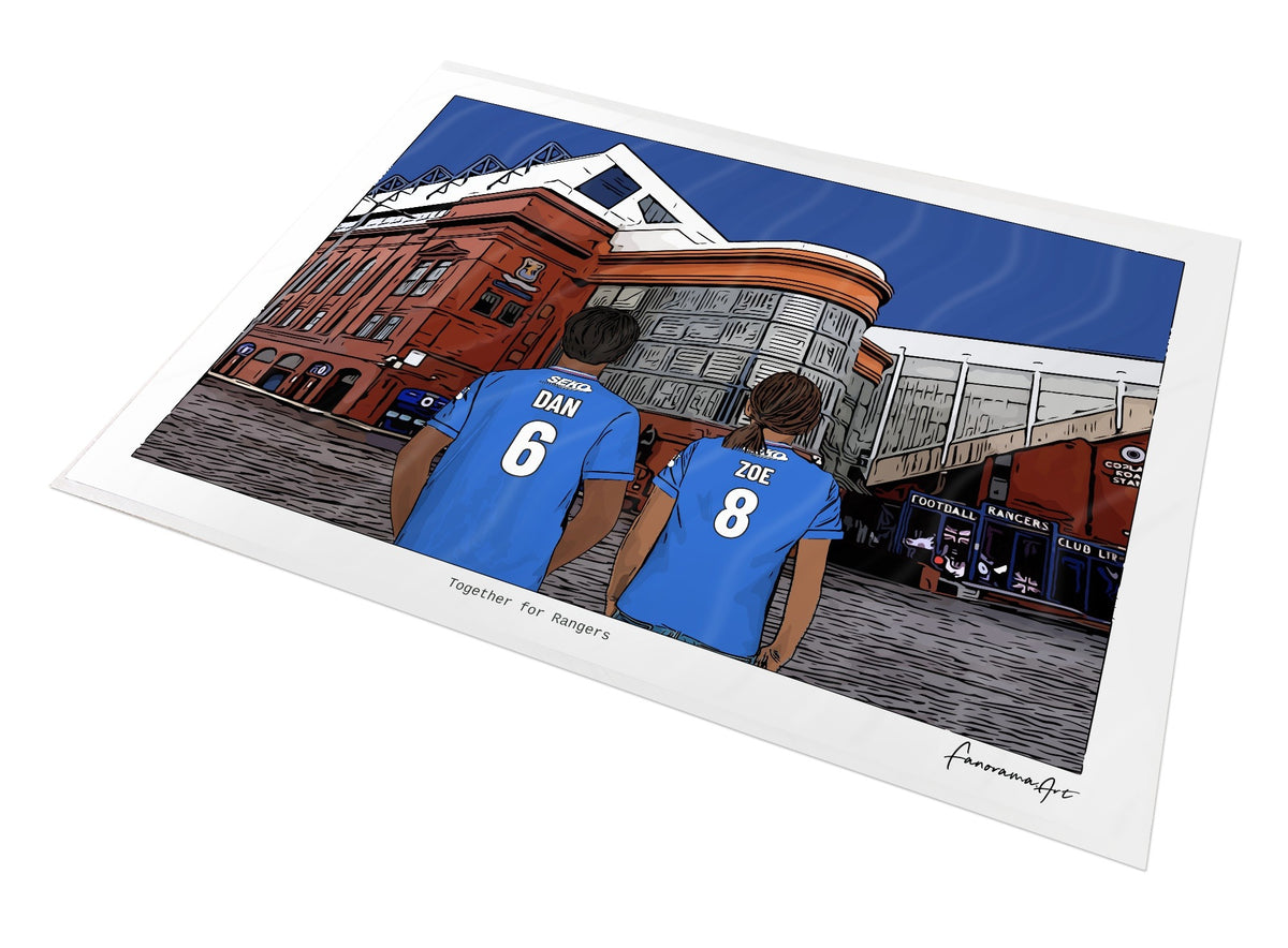 Personalised Rangers print with DAN, ZOE, Print at Ibrox Stadium.