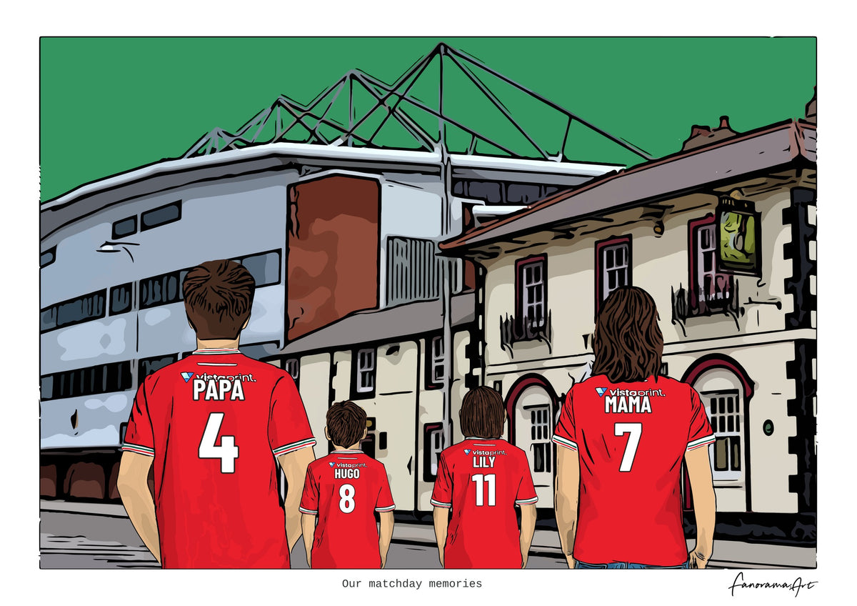 Personalised Wrexham digital artwork with PAPA, HUGO, LILY, MAMA, wrexham racecourse ground at Racecourse Ground.