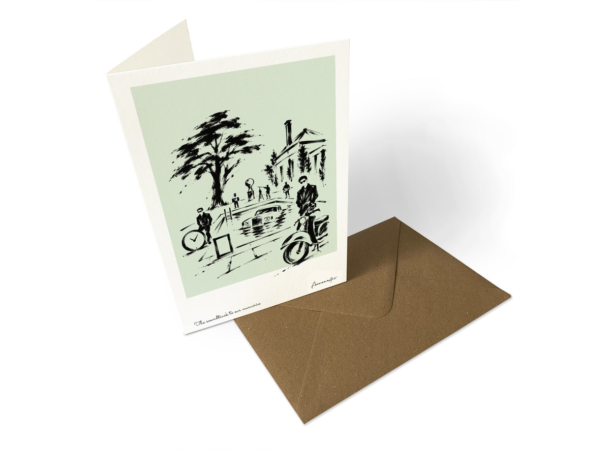 Be Here Now inspired personalised portrait greeting card with sage background