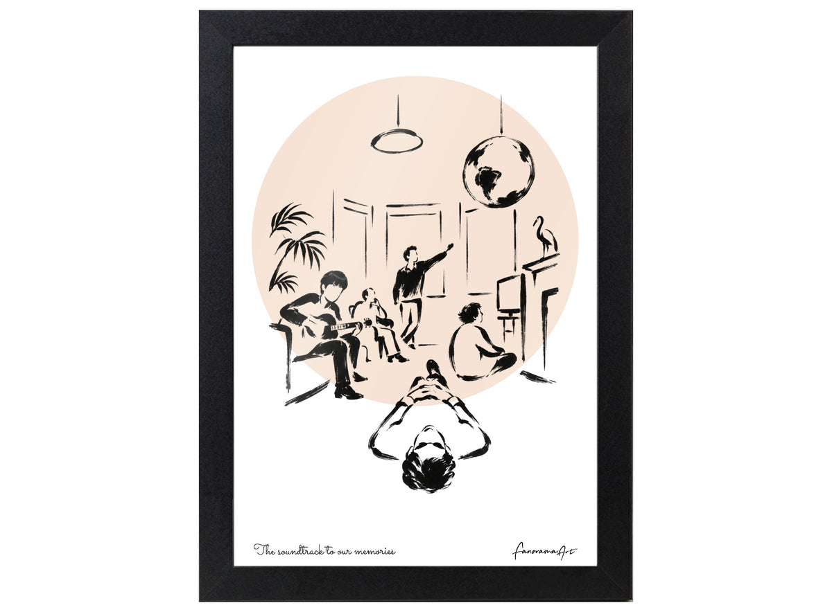 Definitely Maybe inspired brush-ink music artwork with a peach circle, personal message and black A4 frame