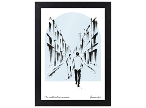 Morning Glory inspired personalised brush-ink artwork with sky-blue arch in a black A4 frame