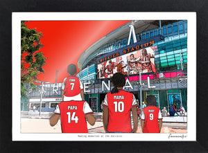 A3 black framed Arsenal family print with Finn on Papa’s shoulders, Mama and Ruby.