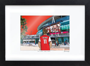 Bordered A4 Arsenal print with Oliver 11, shown in a black frame with a white paper border.