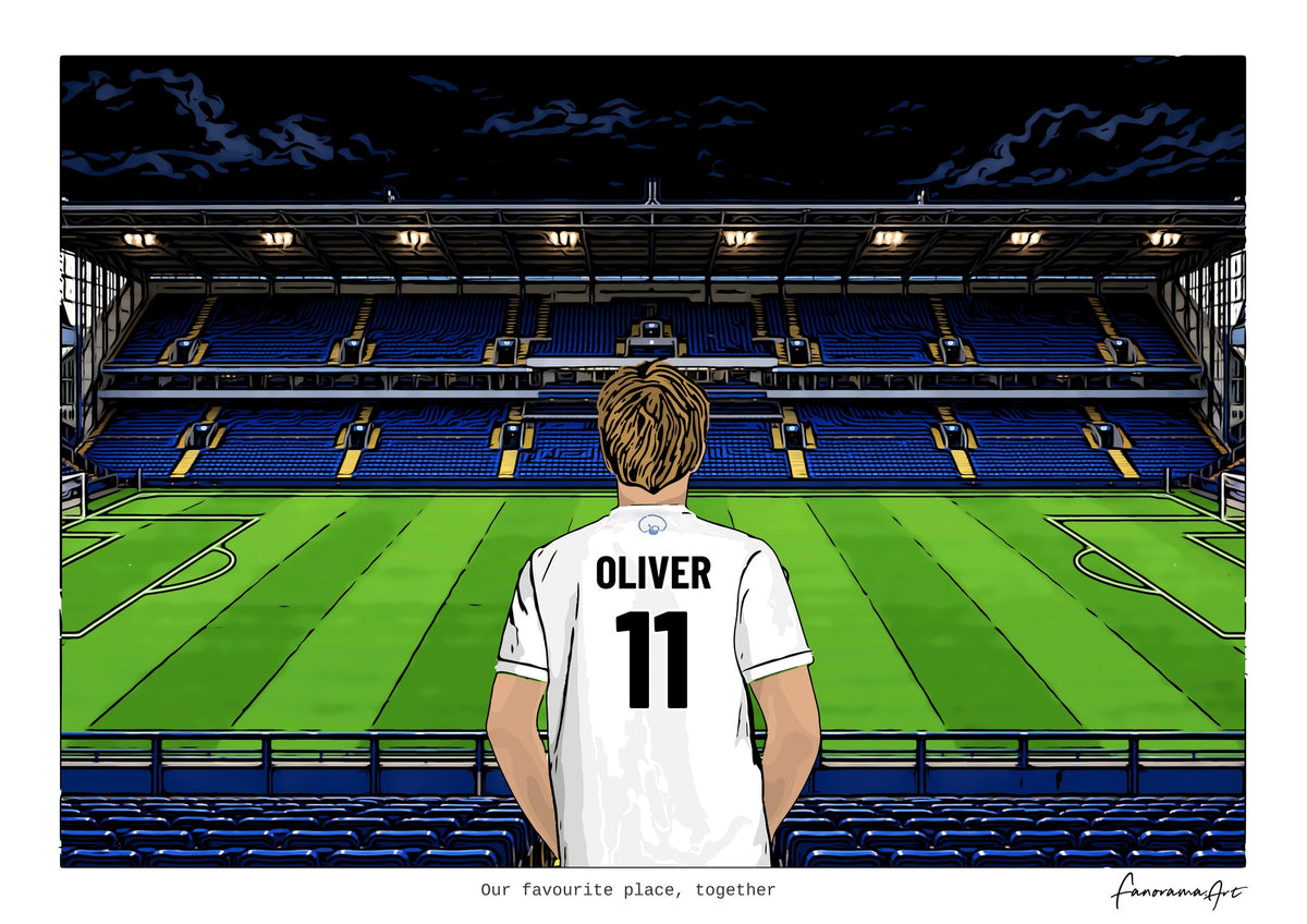 Personalised Leeds United digital artwork with OLIVER, pitch side at night at Elland Road.