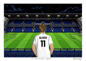 Personalised Leeds United digital artwork with OLIVER, pitch side at night at Elland Road.