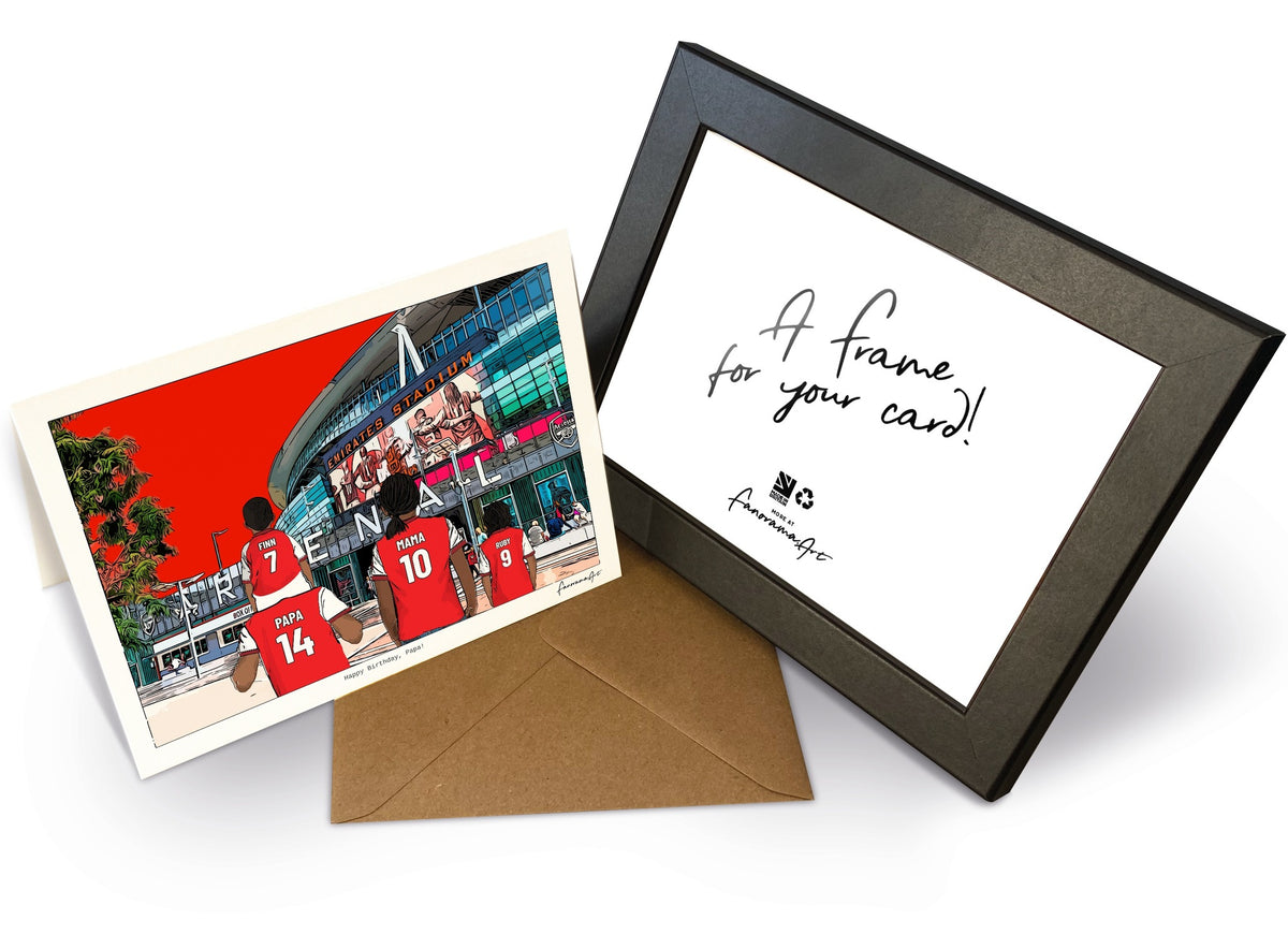 Arsenal landscape birthday card and kraft envelope beside the optional black frame.