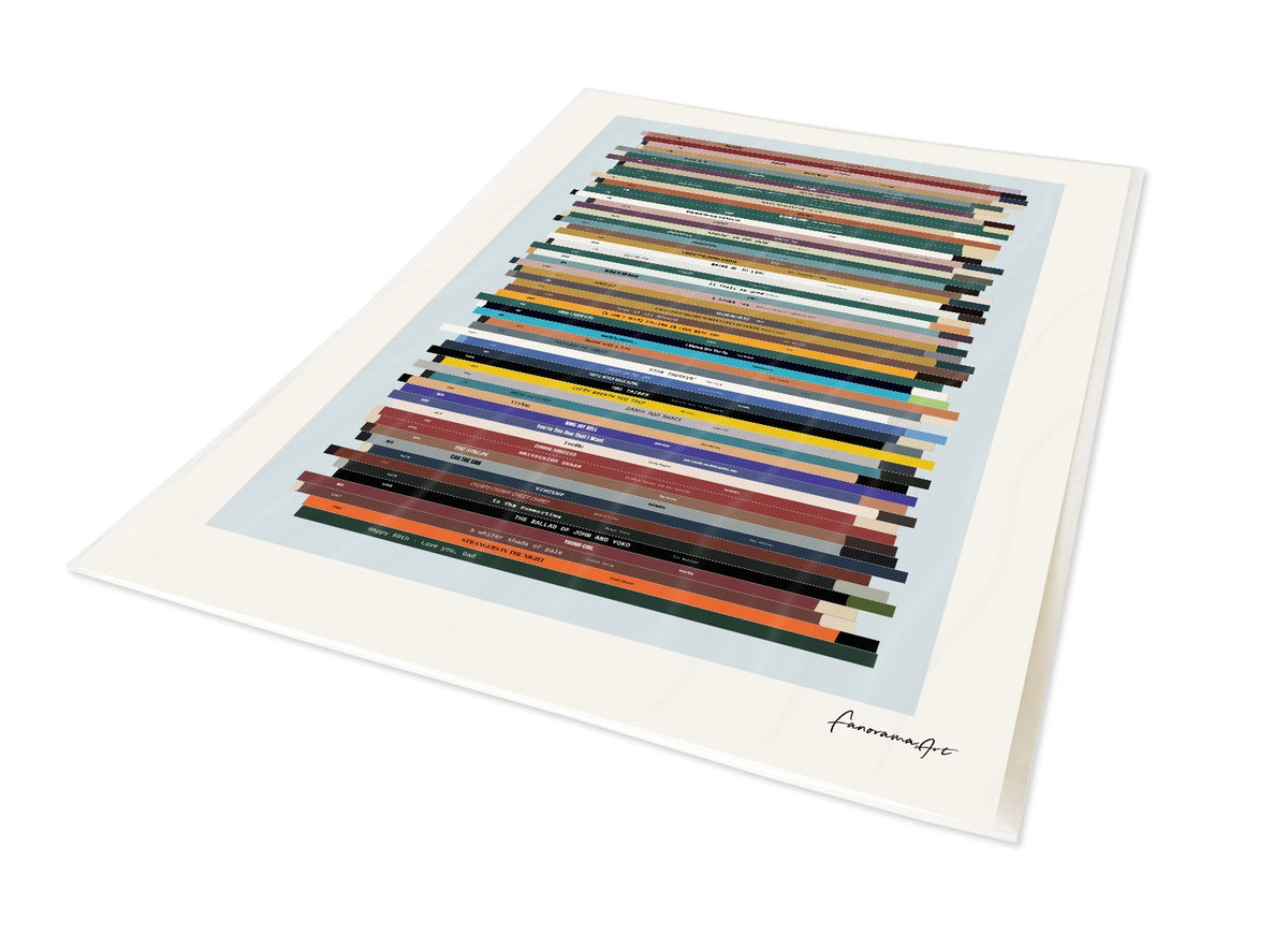 A4 portrait birthday music print with 60 horizontal record spines, a pale blue background and a personal message.