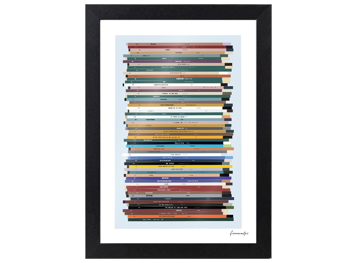 Framed A4 portrait birthday number one music print with 60 horizontal record spines and a pale blue background.