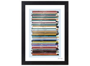 Framed A4 portrait birthday number one music print with 60 horizontal record spines and a pale blue background.