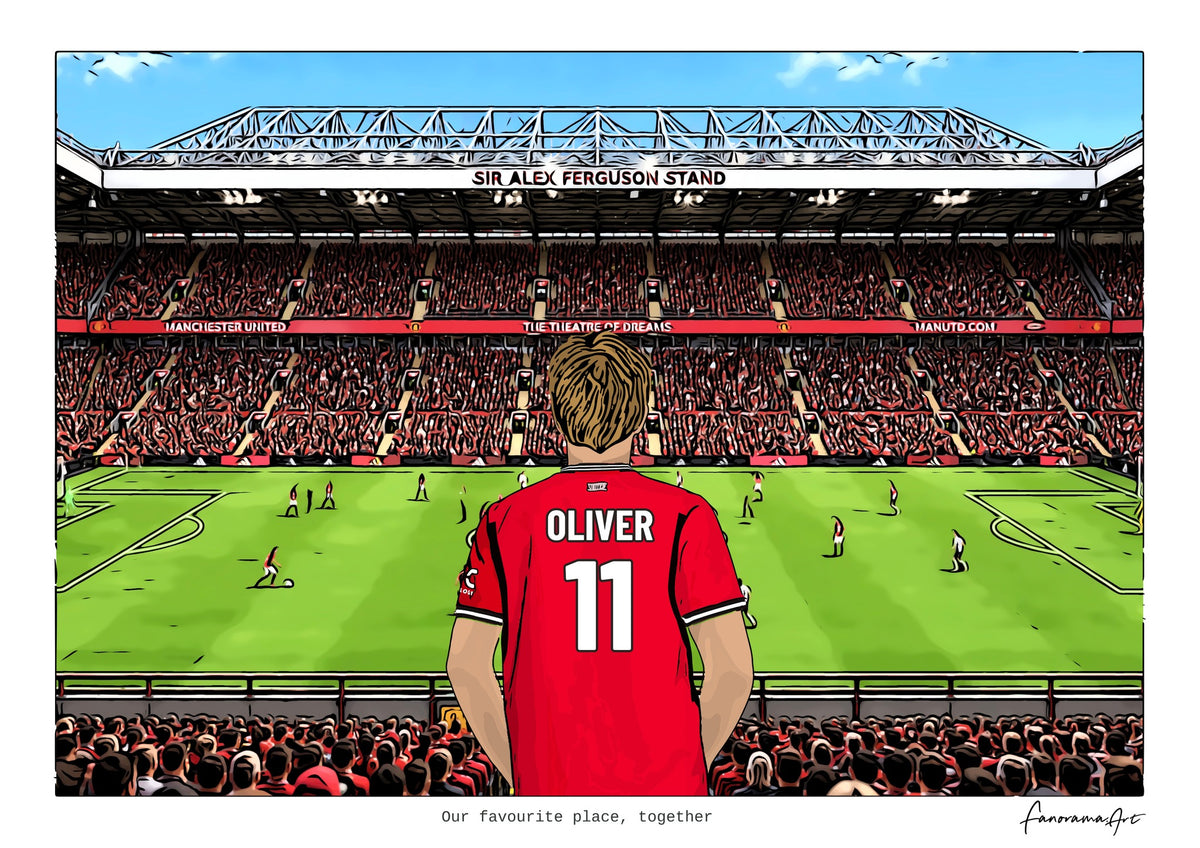 Personalised Manchester United digital artwork with OLIVER, in game at Old Trafford.