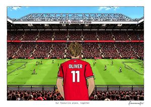 Personalised Manchester United digital artwork with OLIVER, in game at Old Trafford.