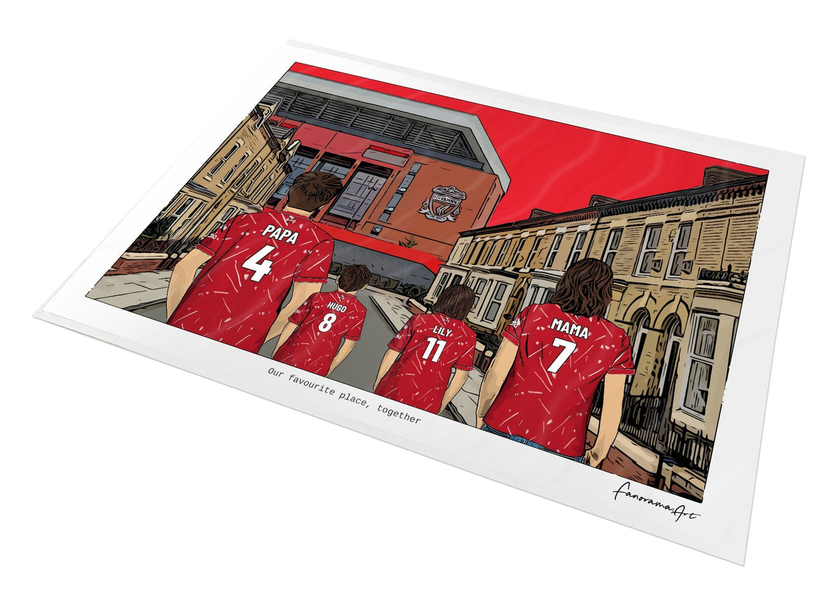 Personalised Liverpool print with PAPA, HUGO, LILY, MAMA, Print at Anfield.