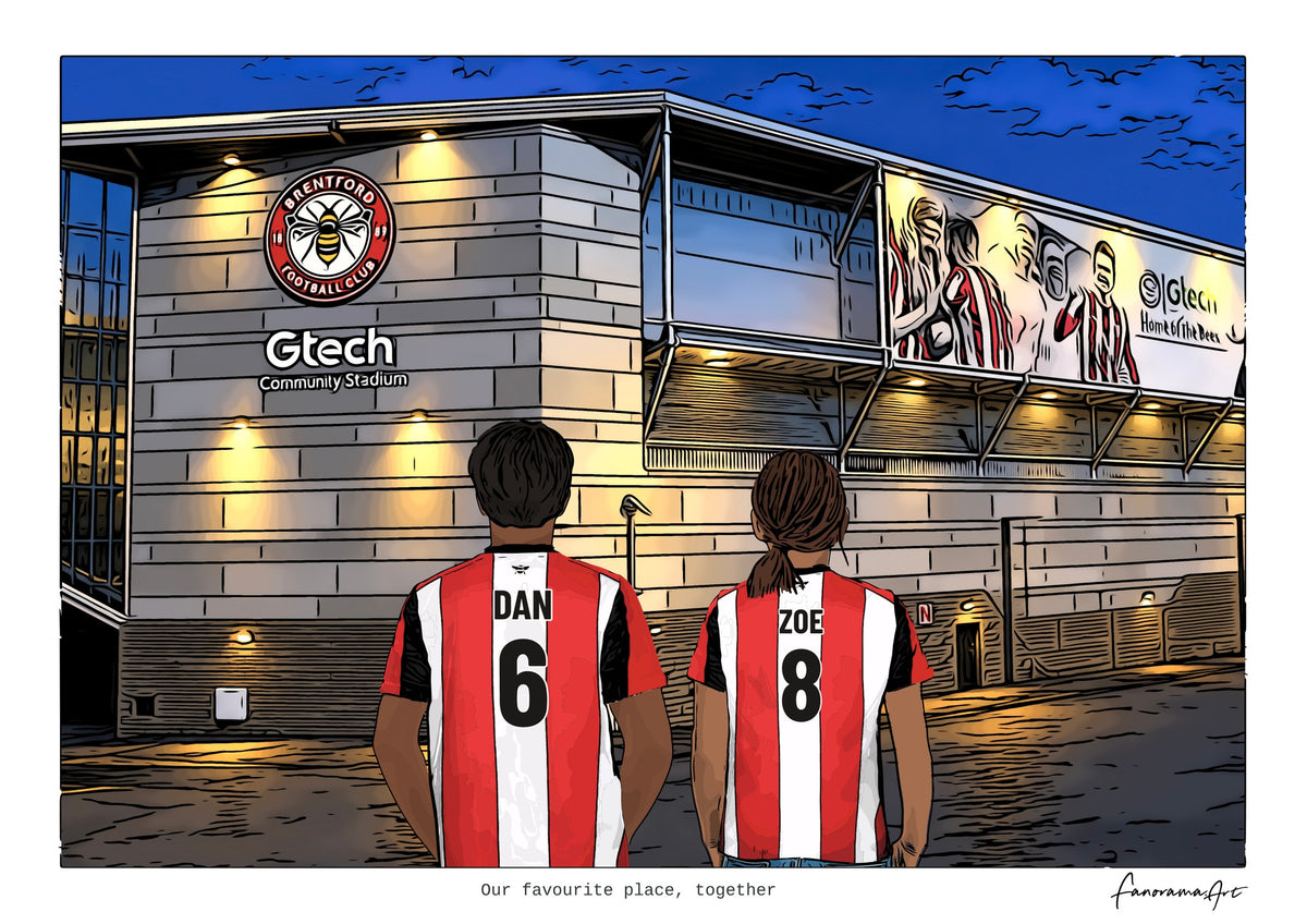 Personalised Brentford digital artwork with DAN, ZOE, stadium at night at Gtech Community Stadium.
