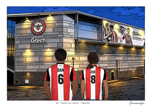 Personalised Brentford digital artwork with DAN, ZOE, stadium at night at Gtech Community Stadium.