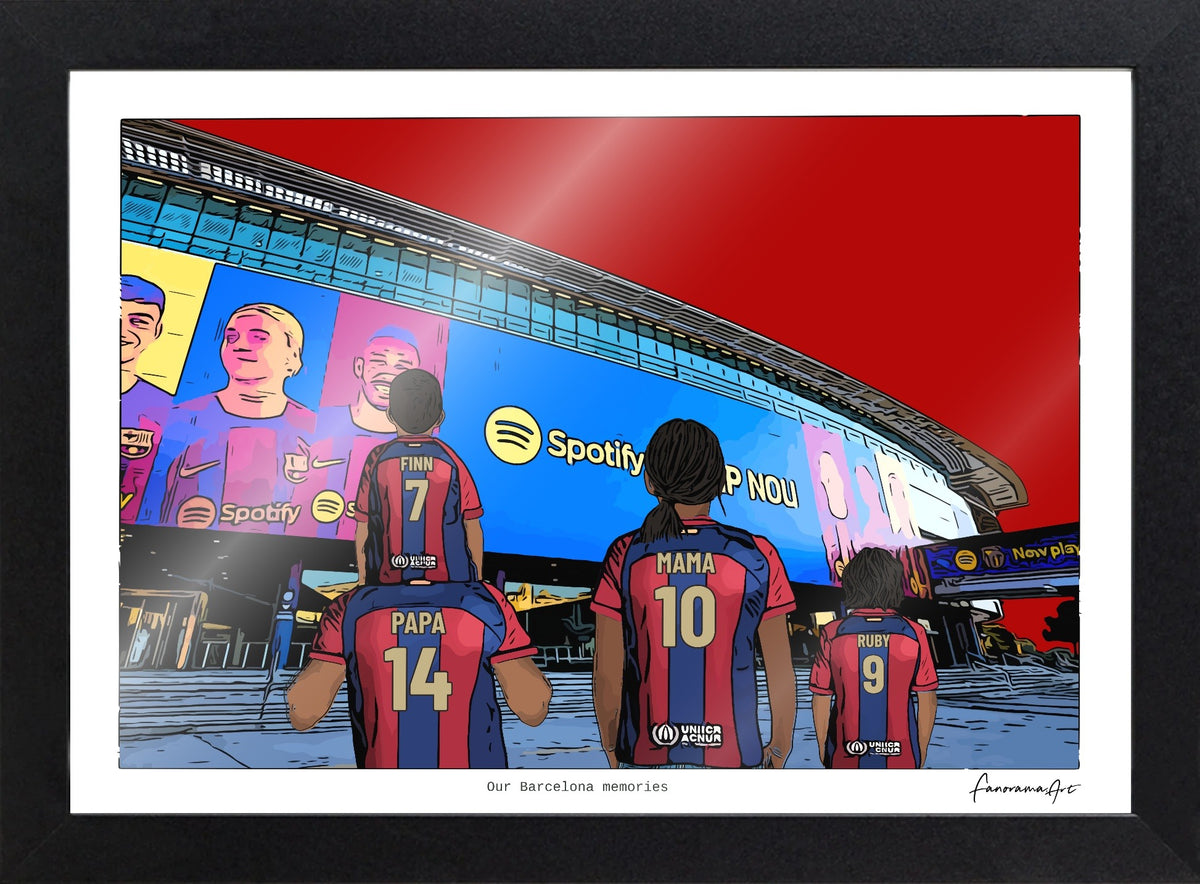 Personalised Barcelona print with PAPA, MAMA, RUBY, Print & Frame at Spotify Camp Nou.