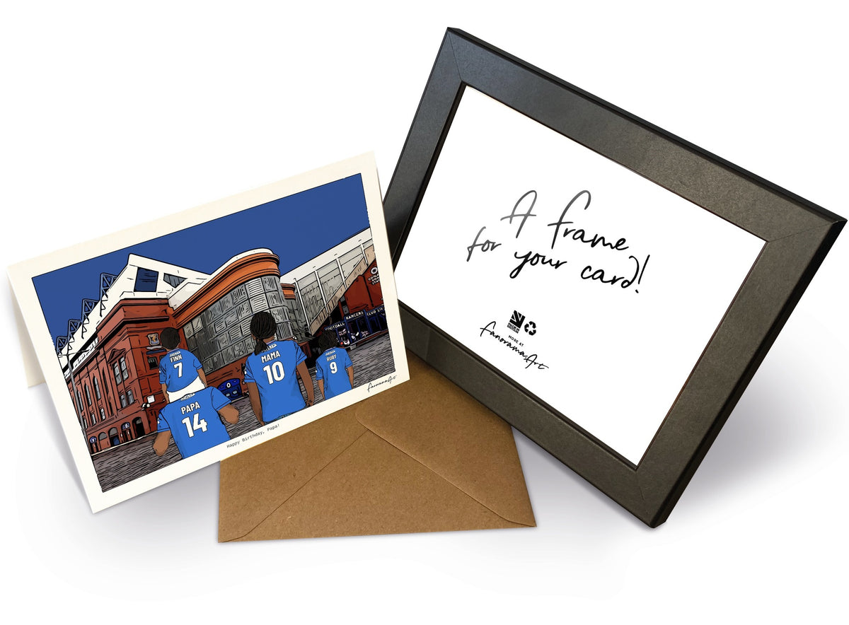 Personalised Rangers greeting card with PAPA, MAMA, RUBY, 7x5" Greeting Card & Frame at Ibrox Stadium.