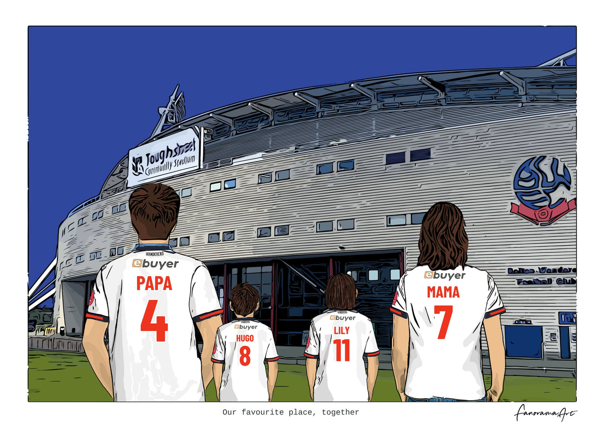 Personalised Bolton Wanderers digital artwork with PAPA, HUGO, LILY, MAMA, bolton wanderers toughsheet community stadium at Toughsheet Community Stadium.