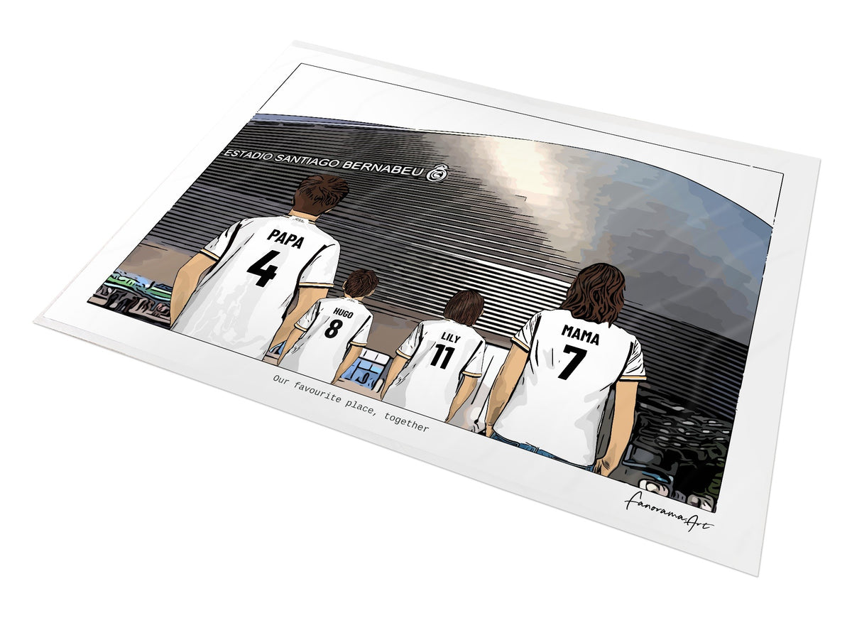 Personalised Real Madrid print with PAPA, HUGO, LILY, MAMA, Print at Santiago Bernabéu Stadium.