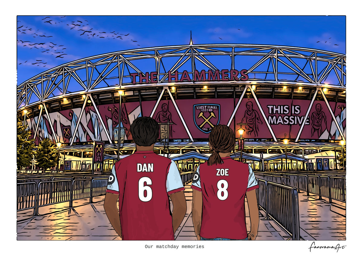 Personalised West Ham United digital artwork with DAN, ZOE, stadium at night at London Stadium.