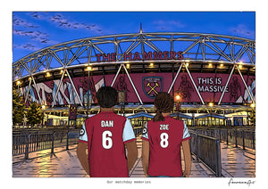 Personalised West Ham United digital artwork with DAN, ZOE, stadium at night at London Stadium.