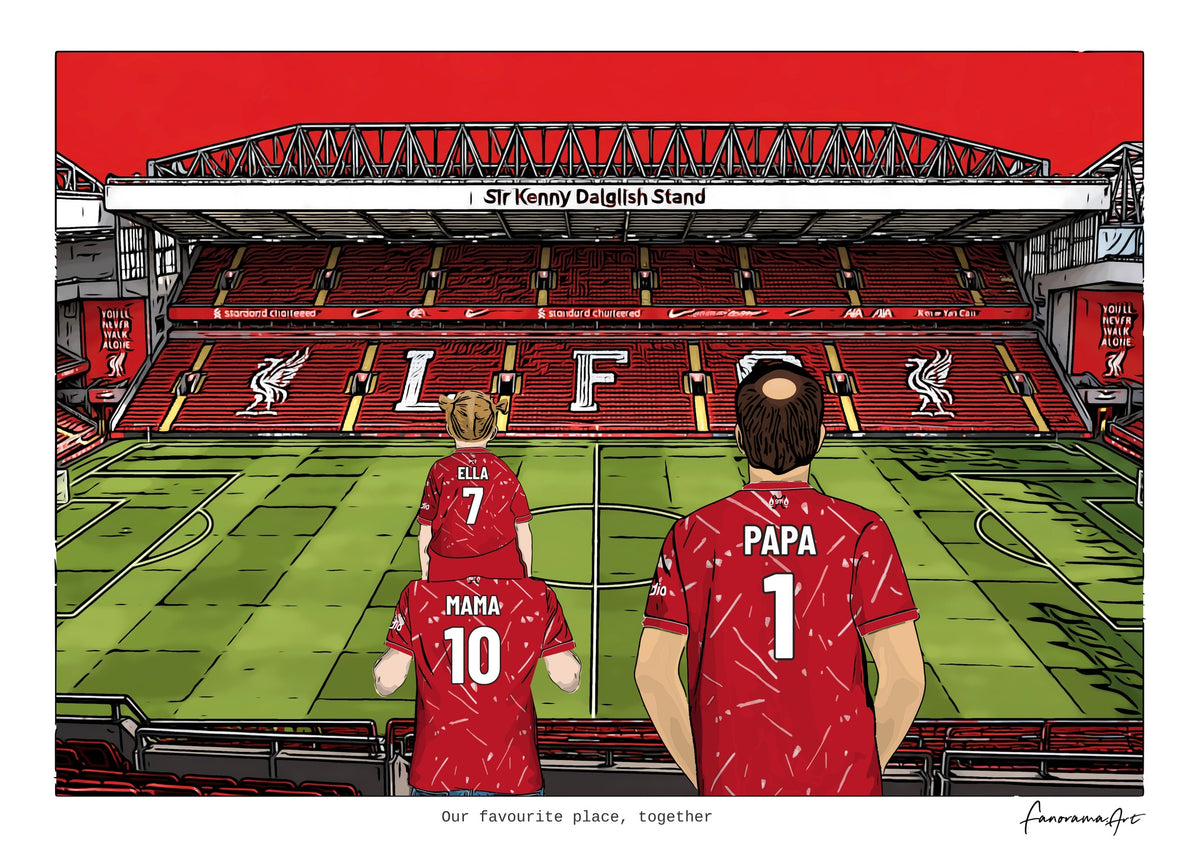 Personalised Liverpool digital artwork with MAMA, PAPA, pitch side at Anfield.