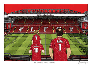 Personalised Liverpool digital artwork with MAMA, PAPA, pitch side at Anfield.