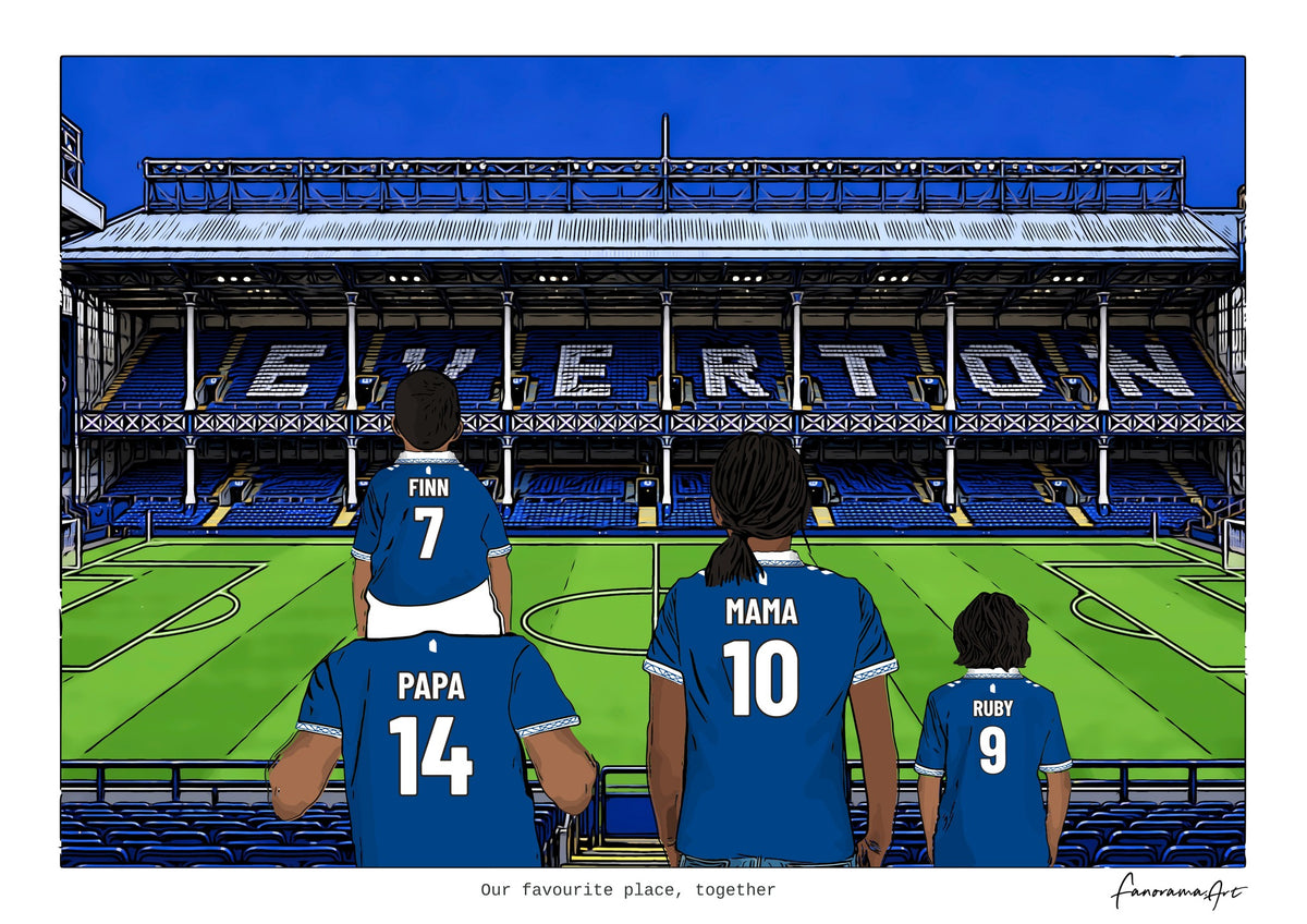 Personalised Everton digital artwork with PAPA, MAMA, RUBY, pitch side at Goodison Park.