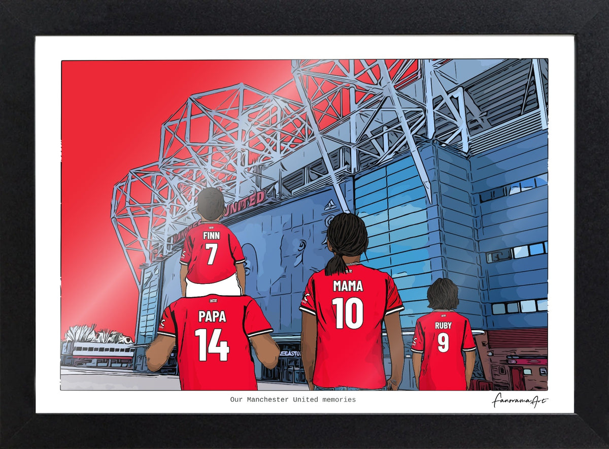 Personalised Manchester United print with PAPA, MAMA, RUBY, Print & Frame at Old Trafford.