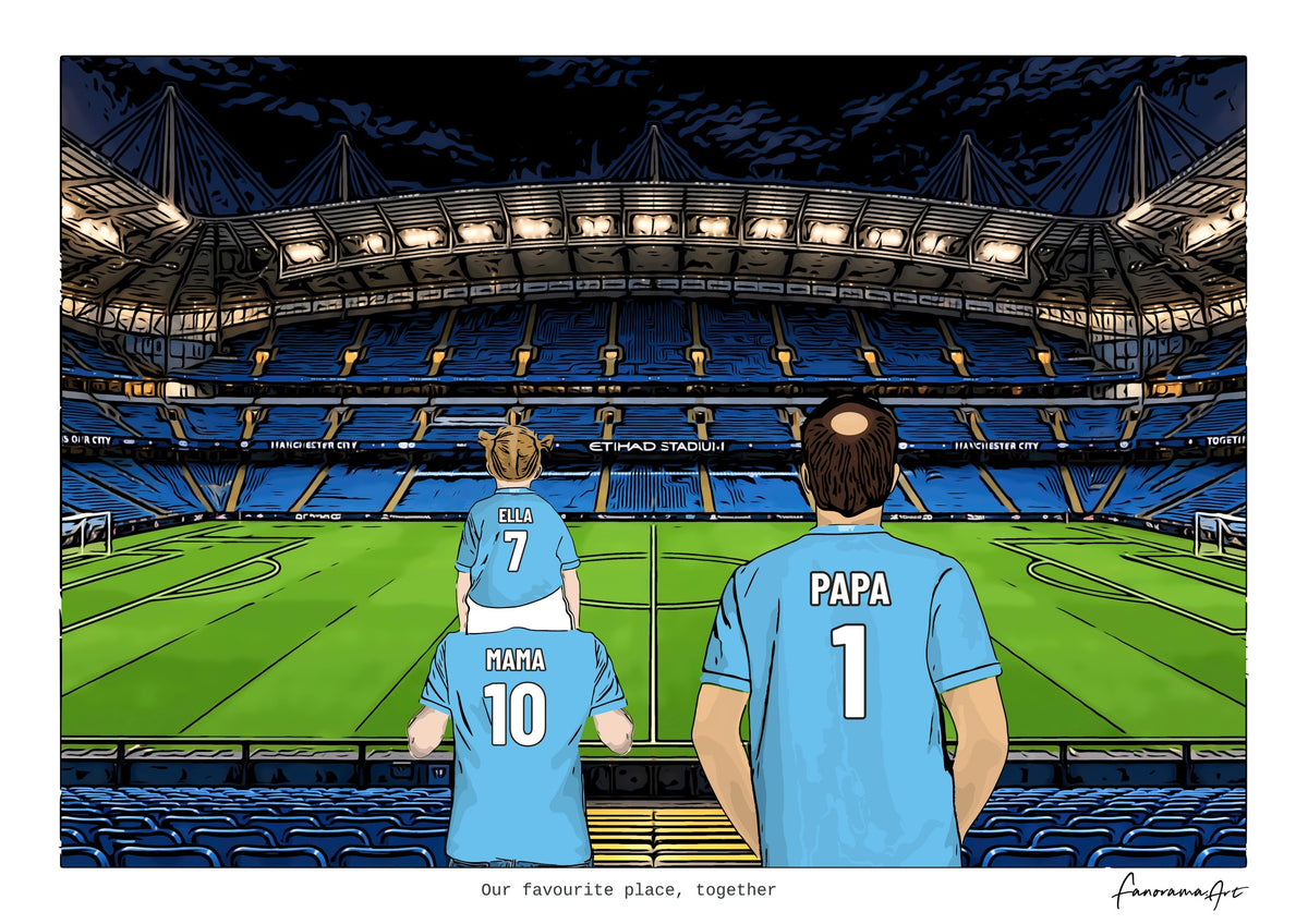 Personalised Manchester City digital artwork with MAMA, PAPA, pitch side at night at Etihad Stadium.