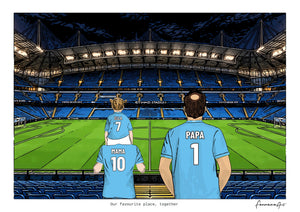 Personalised Manchester City digital artwork with MAMA, PAPA, pitch side at night at Etihad Stadium.