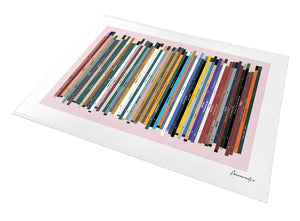 Personalised 60th birthday number one music print, born in 1966, shown as print with 60 colourful song spines and a birthday message.