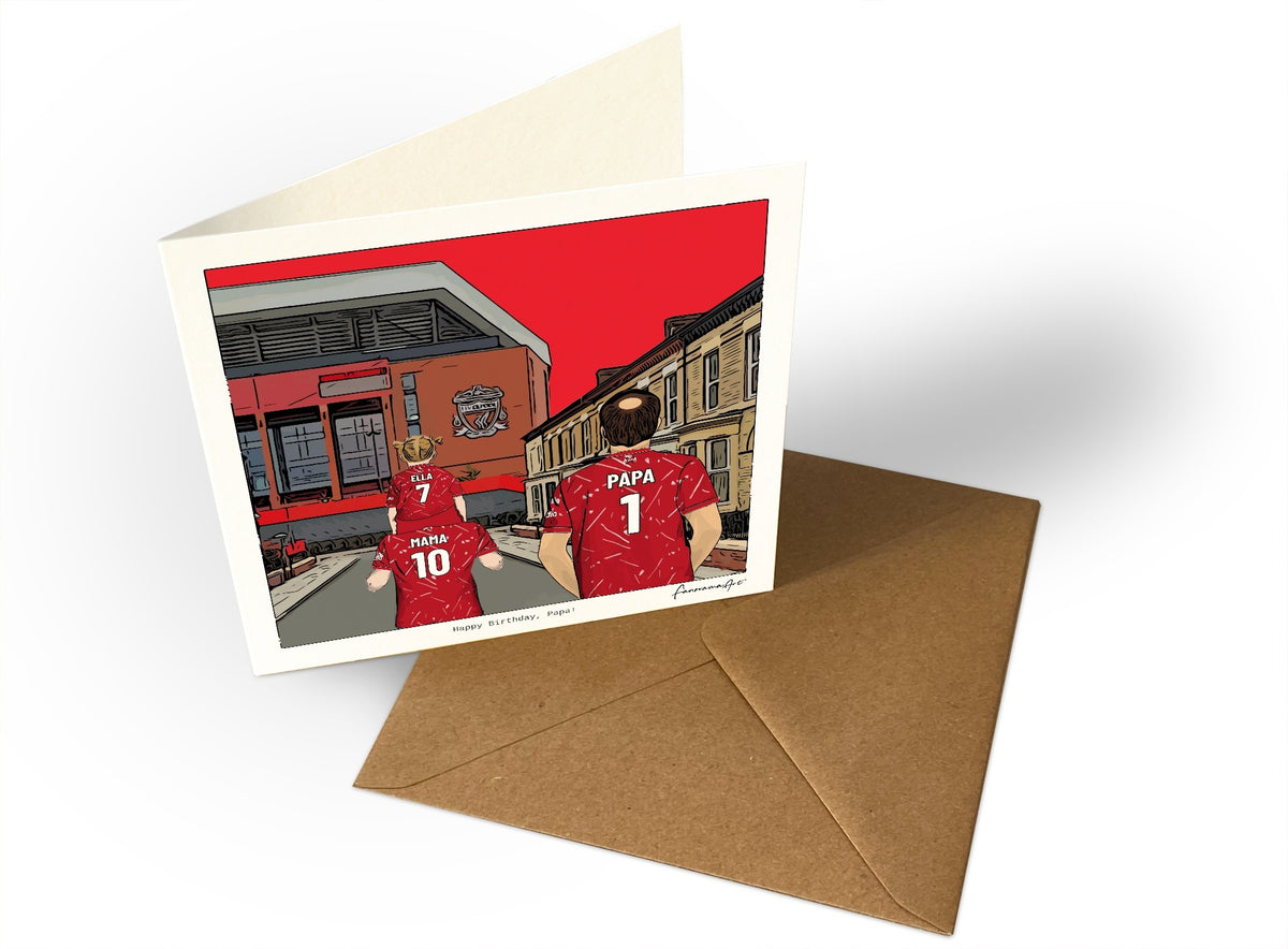 Personalised Liverpool greeting card with MAMA, PAPA, Square Greeting Card at Anfield.