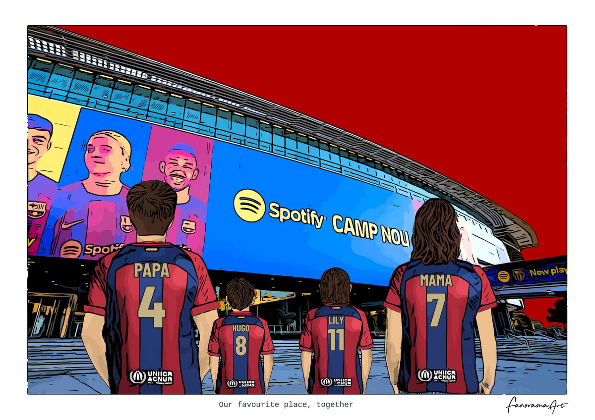 Personalised Barcelona digital artwork with PAPA, HUGO, LILY, MAMA, barcelona spotify camp nou at Spotify Camp Nou.