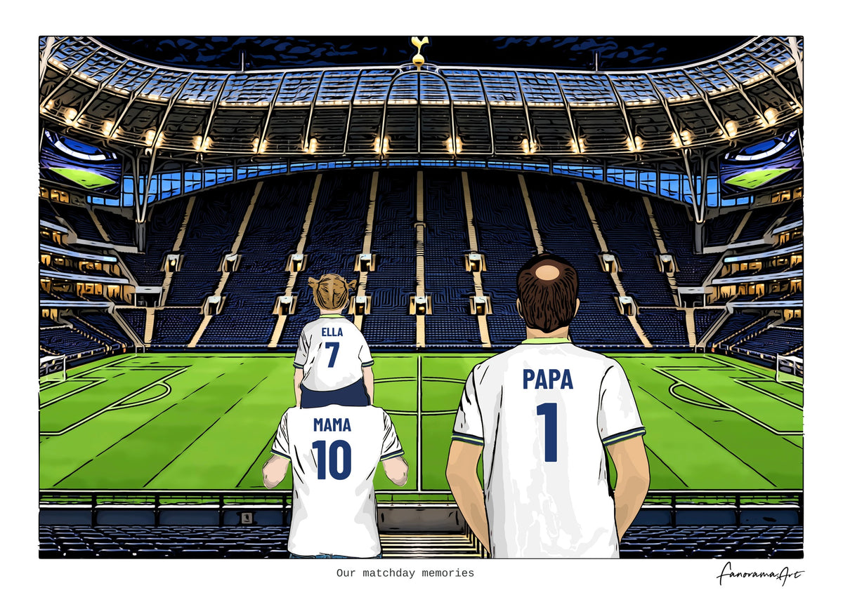 Personalised Tottenham Hotspur digital artwork with MAMA, PAPA, pitch side at night at Tottenham Hotspur Stadium.