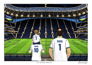 Personalised Tottenham Hotspur digital artwork with MAMA, PAPA, pitch side at night at Tottenham Hotspur Stadium.