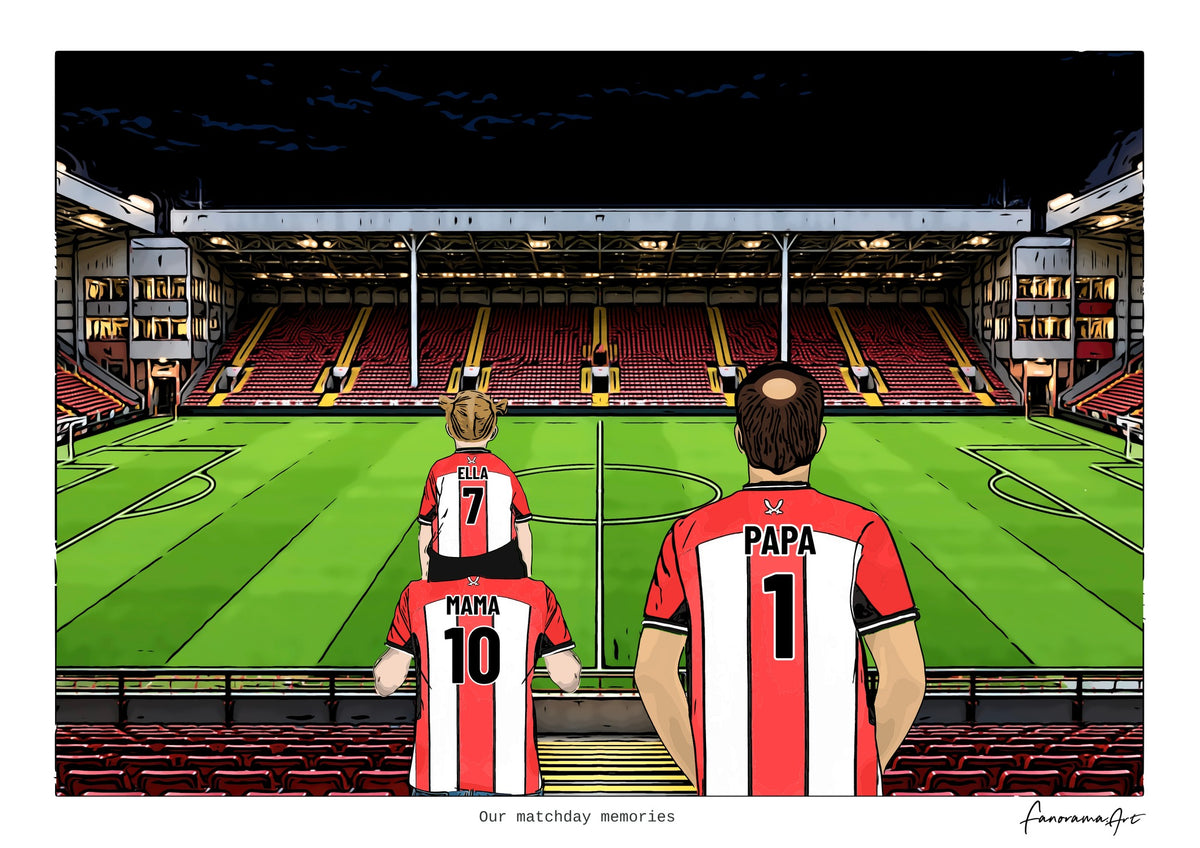 Personalised Sheffield United digital artwork with MAMA, PAPA, pitch side at night at Bramall Lane.