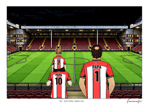 Personalised Sheffield United digital artwork with MAMA, PAPA, pitch side at night at Bramall Lane.