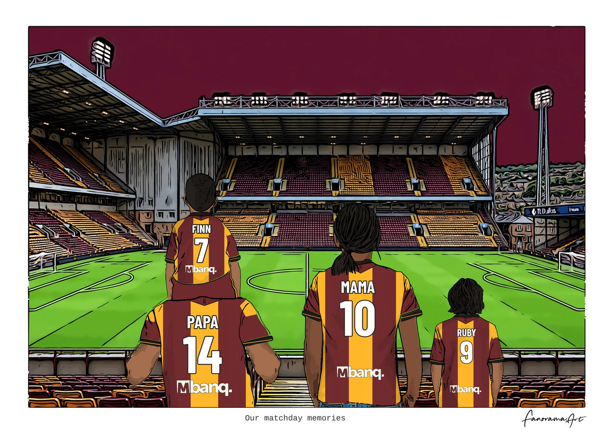 Personalised Bradford City digital artwork with PAPA, MAMA, RUBY, pitch side at Valley Parade.