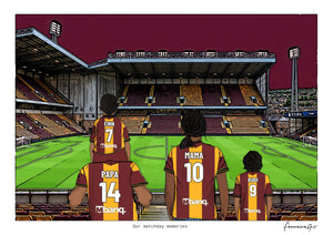 Personalised Bradford City digital artwork with PAPA, MAMA, RUBY, pitch side at Valley Parade.