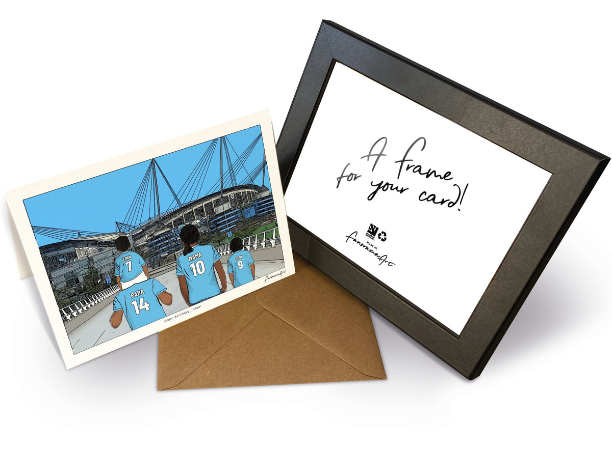 Personalised Manchester City greeting card with PAPA, MAMA, RUBY, 7x5" Greeting Card & Frame at Etihad Stadium.